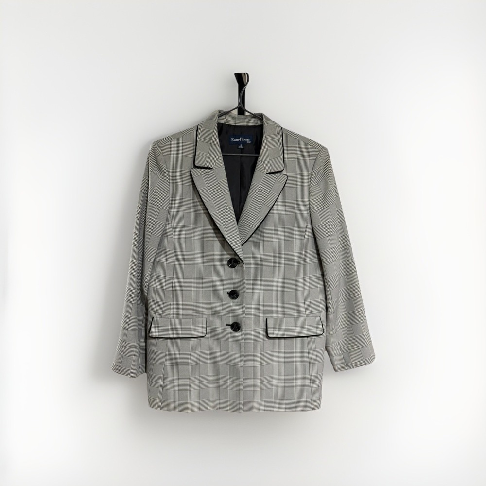 Ellen Tracy Gray Plaid Tailored Blazer with Black Trim